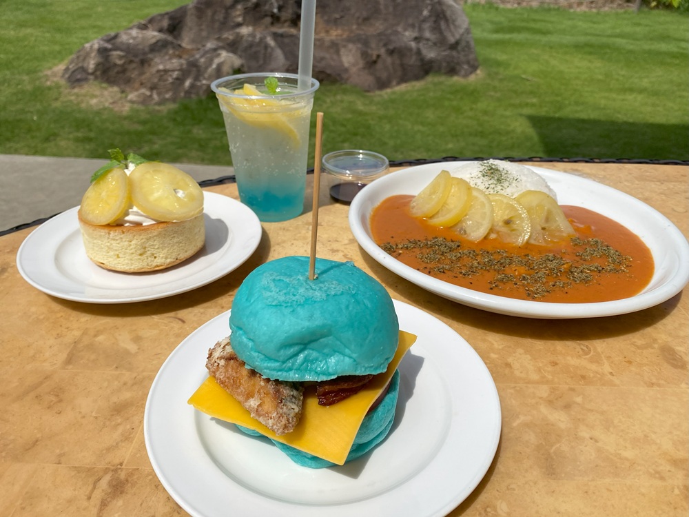 手前が初島バーガー、右奥がスパイスレモンカレー